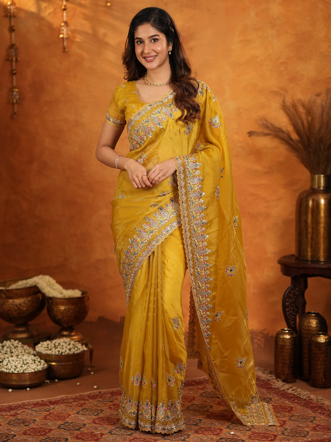 Mustard Yellow Fendy Satin Embroidered Saree with Heavy Floral Border & Designer Pallu | Festive Wedding Wear Saree with Embroidered Blouse