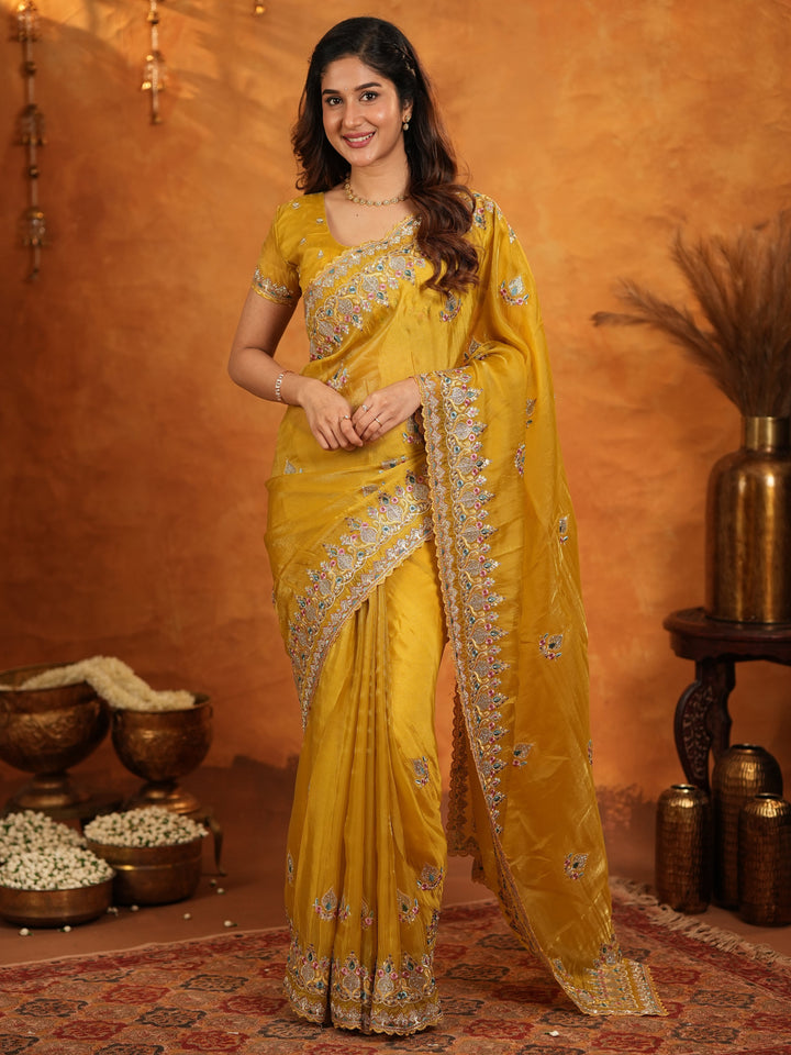 Mustard Yellow Fendy Satin Embroidered Saree with Heavy Floral Border & Designer Pallu | Festive Wedding Wear Saree with Embroidered Blouse