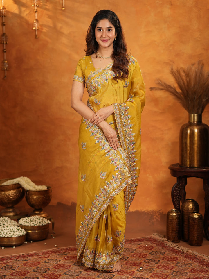 Mustard Yellow Fendy Satin Embroidered Saree with Heavy Floral Border & Designer Pallu | Festive Wedding Wear Saree with Embroidered Blouse