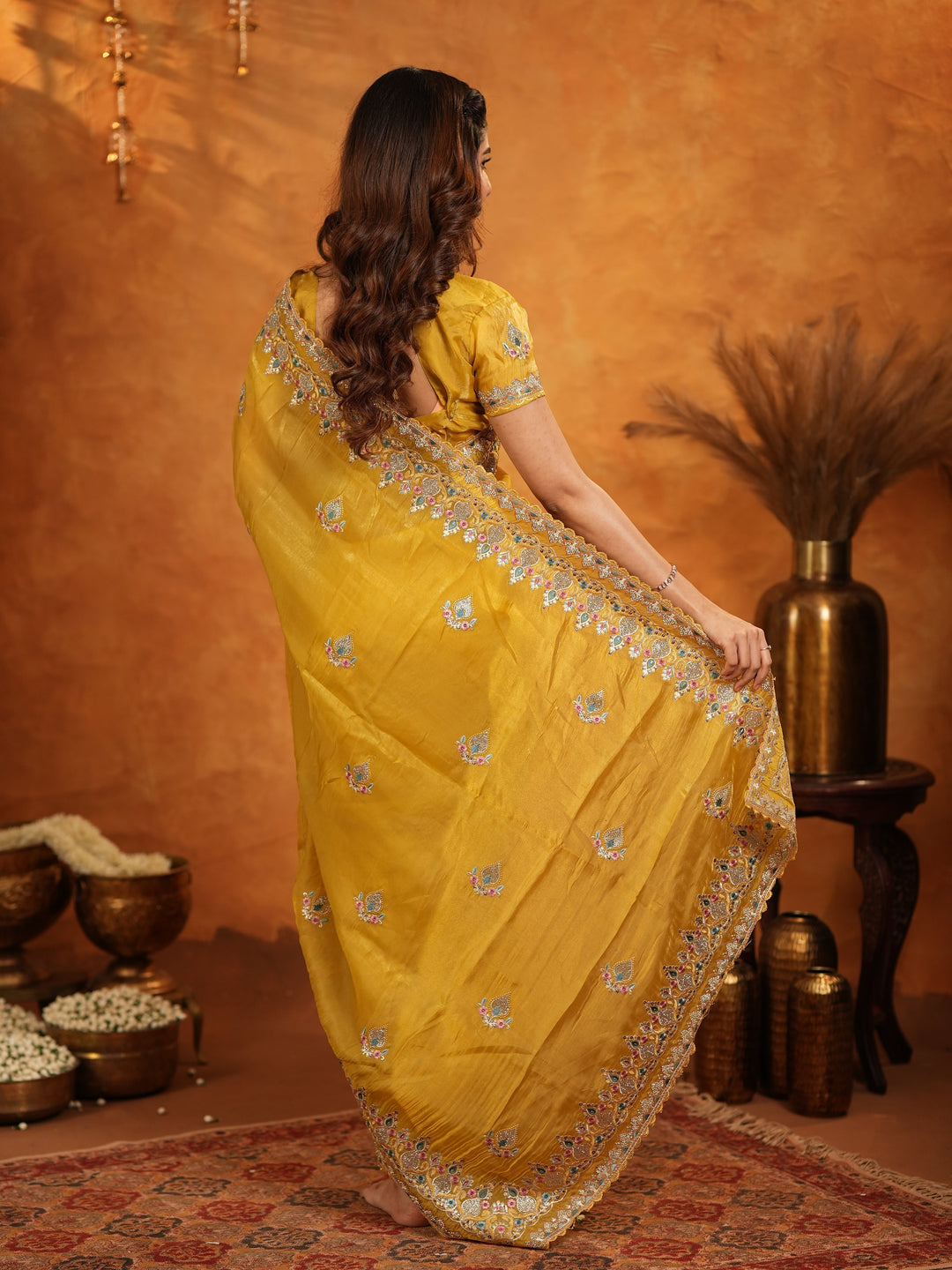 Mustard Yellow Fendy Satin Embroidered Saree with Heavy Floral Border & Designer Pallu | Festive Wedding Wear Saree with Embroidered Blouse