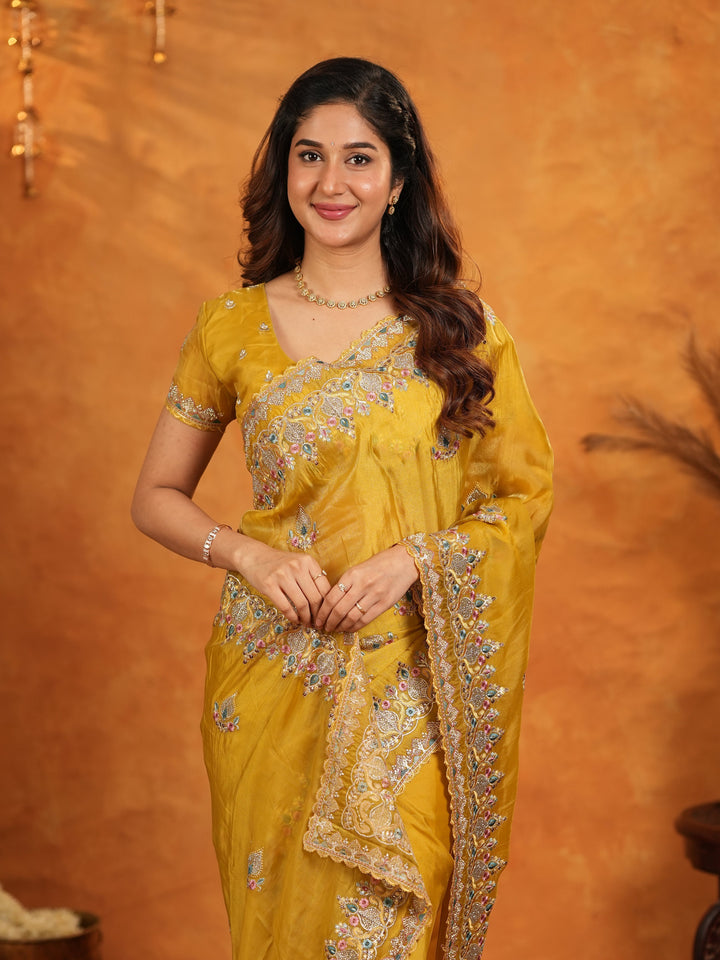 Mustard Yellow Fendy Satin Embroidered Saree with Heavy Floral Border & Designer Pallu | Festive Wedding Wear Saree with Embroidered Blouse