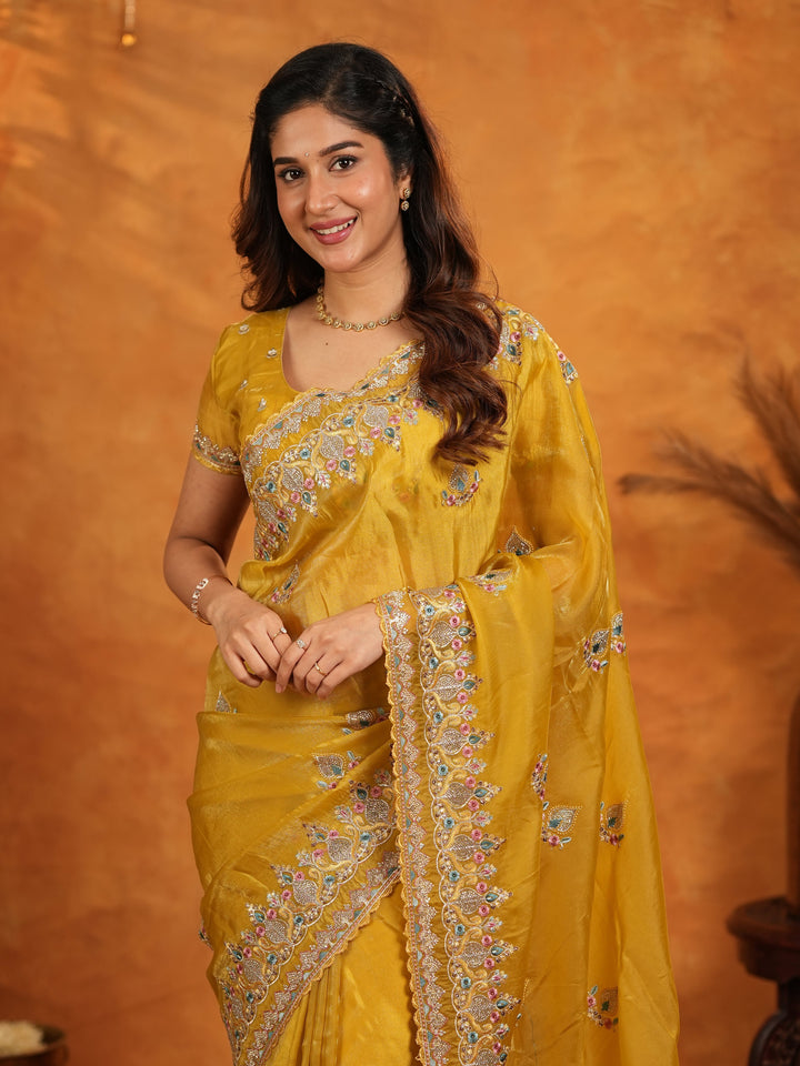 Mustard Yellow Fendy Satin Embroidered Saree with Heavy Floral Border & Designer Pallu | Festive Wedding Wear Saree with Embroidered Blouse
