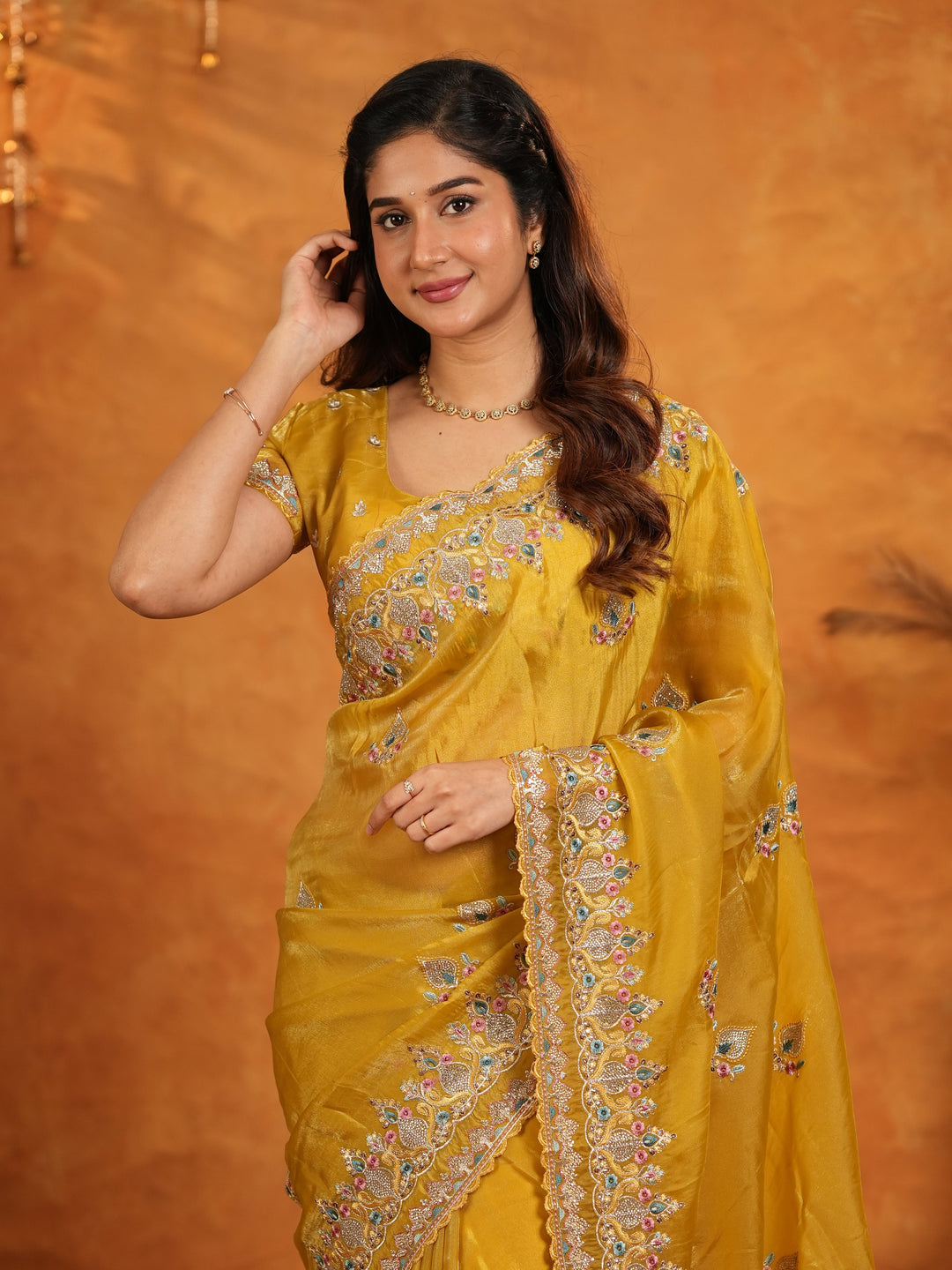 Mustard Yellow Fendy Satin Embroidered Saree with Heavy Floral Border & Designer Pallu | Festive Wedding Wear Saree with Embroidered Blouse