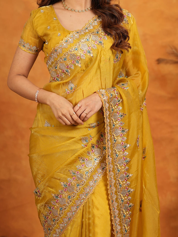 Mustard Yellow Fendy Satin Embroidered Saree with Heavy Floral Border & Designer Pallu | Festive Wedding Wear Saree with Embroidered Blouse