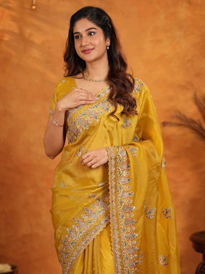 Mustard Yellow Fendy Satin Embroidered Saree with Heavy Floral Border & Designer Pallu | Festive Wedding Wear Saree with Embroidered Blouse