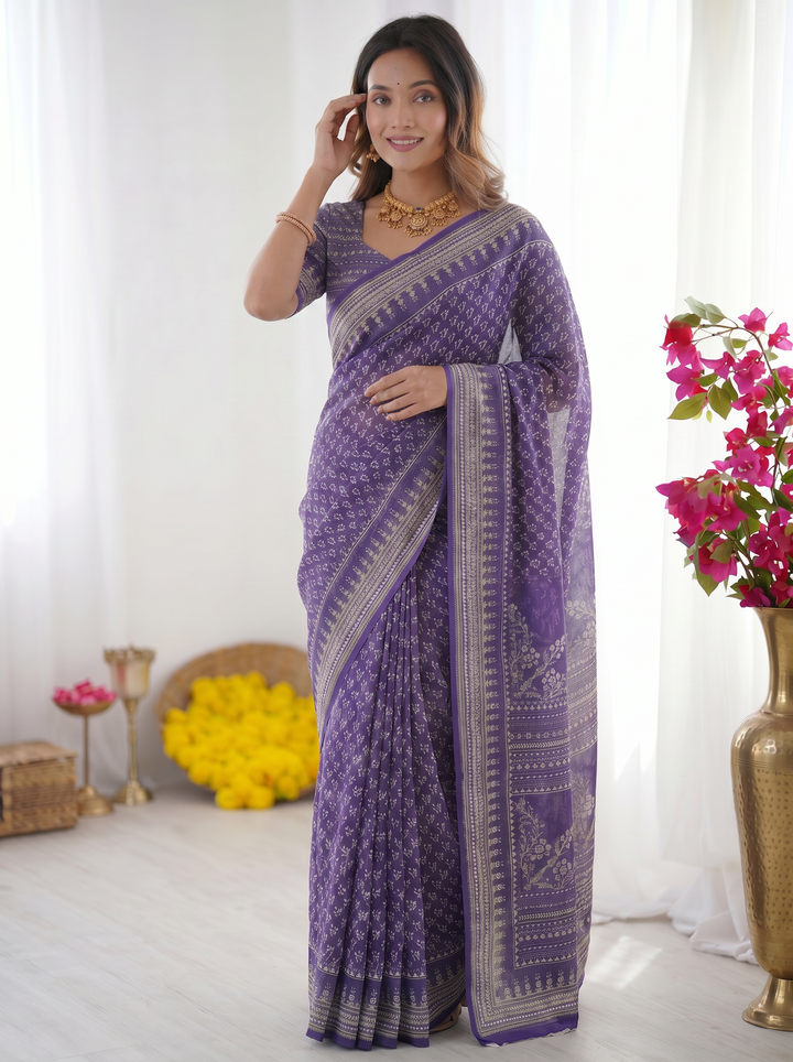 Royal Purple Modal Silk Saree with Delicate Floral Butti Prints, Traditional Woven Border &amp; Heritage Designer Pallu
