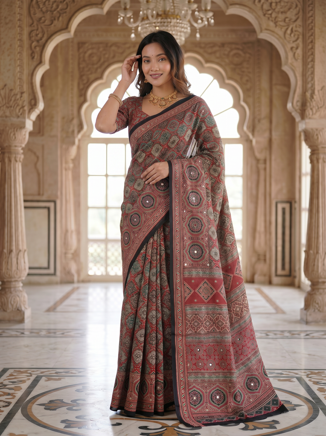 Vintage Rose Pure Modal Silk Saree with Intricate Heritage Mandala Print &amp; Designer Ethnic Pallu