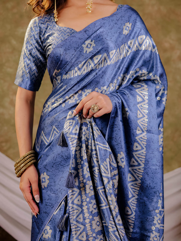 Cornflower Blue Pure Chinnon Ajrakh Printed Saree with Tassel Edges, Traditional Ethnic Print & Matching Blouse Piece
