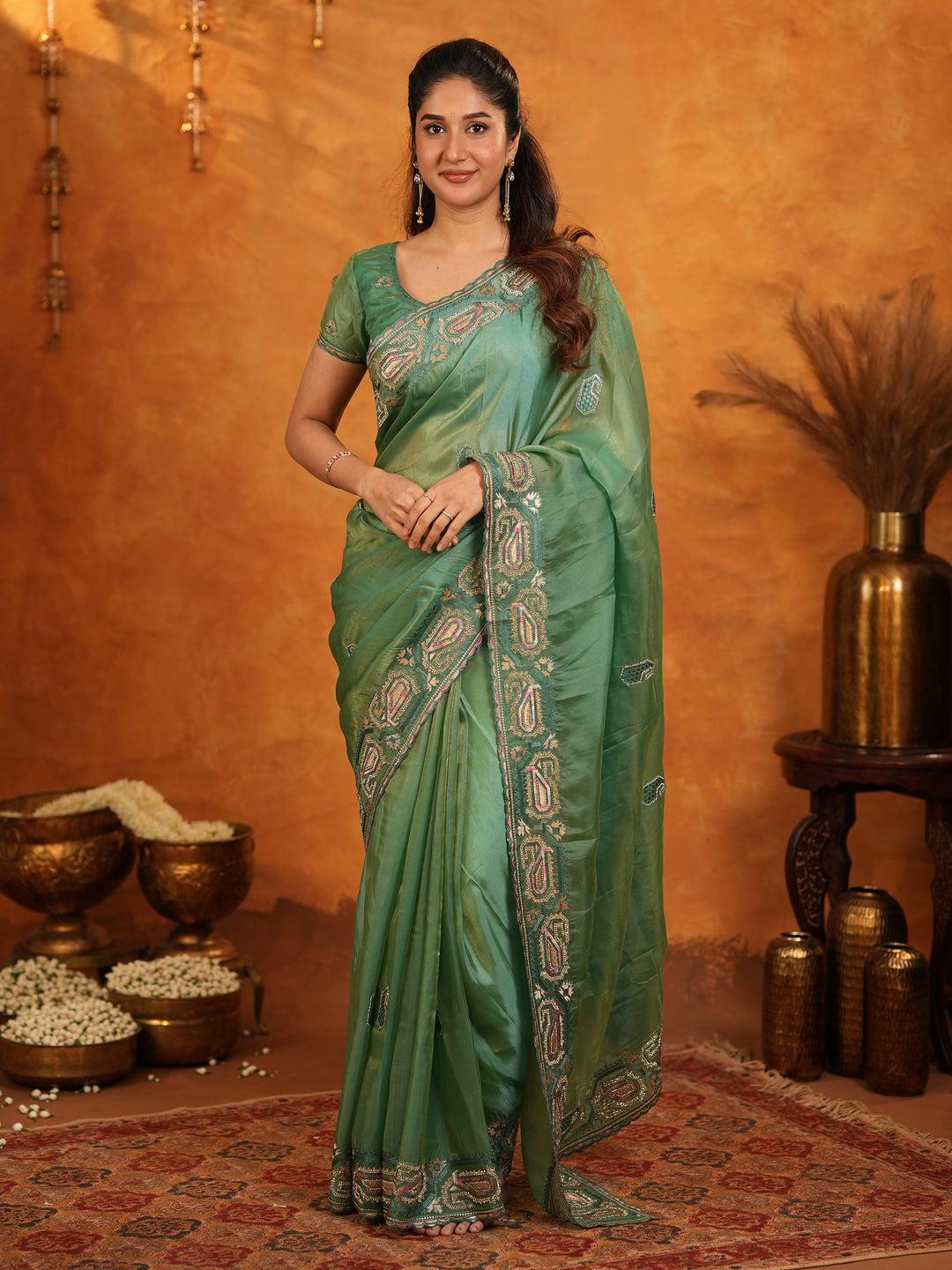 Sage Green Fendy Satin Embroidered Saree with Geometric Border & Designer Pallu | Elegant Festive & Wedding Wear Saree with Blouse