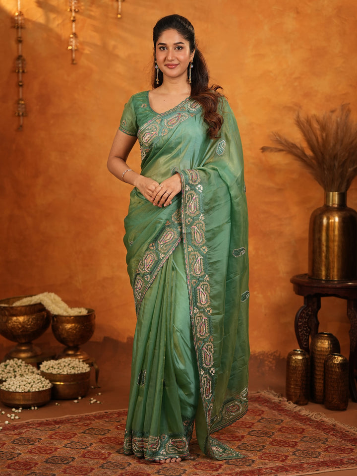 Sage Green Fendy Satin Embroidered Saree with Geometric Border & Designer Pallu | Elegant Festive & Wedding Wear Saree with Blouse