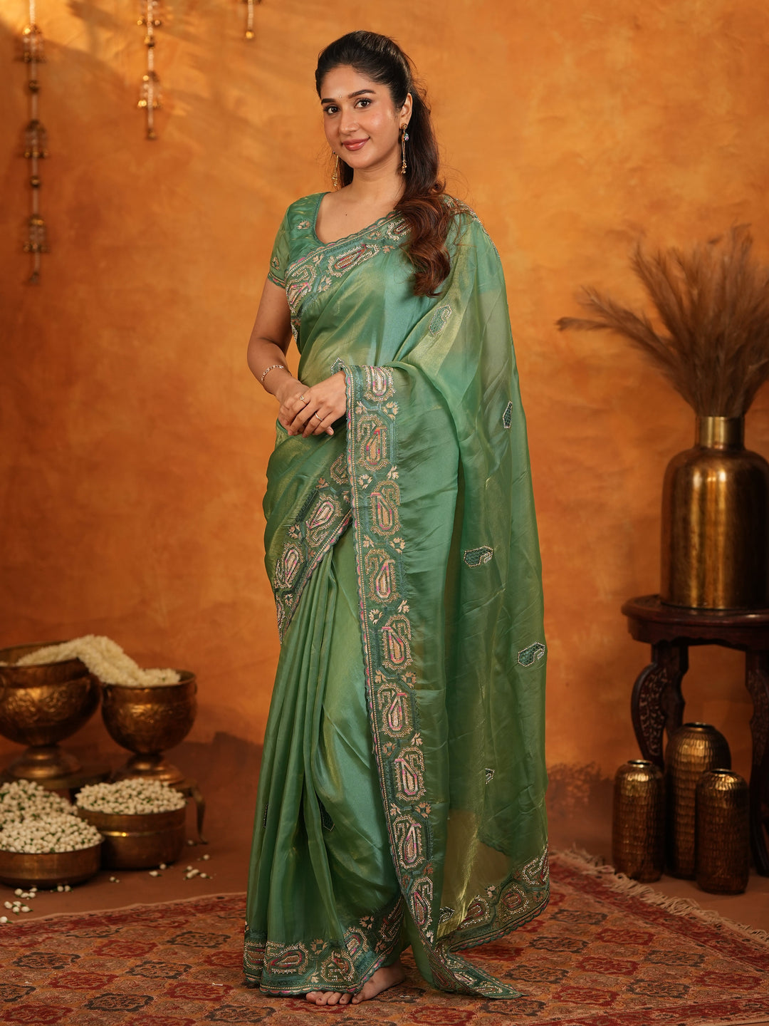 Sage Green Fendy Satin Embroidered Saree with Geometric Border & Designer Pallu | Elegant Festive & Wedding Wear Saree with Blouse