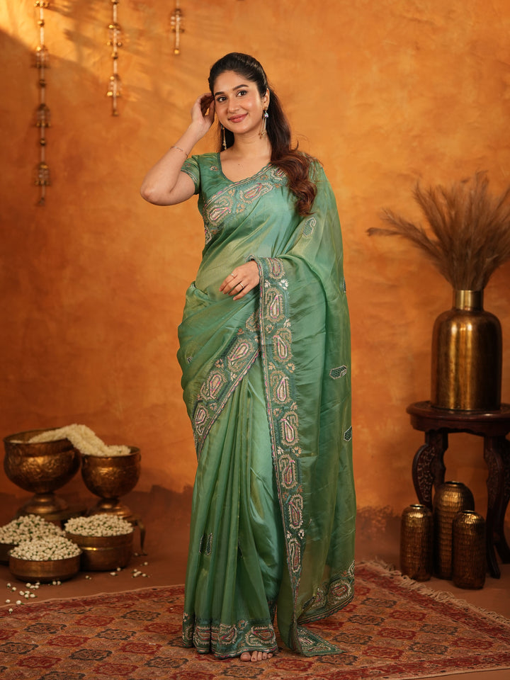 Sage Green Fendy Satin Embroidered Saree with Geometric Border & Designer Pallu | Elegant Festive & Wedding Wear Saree with Blouse