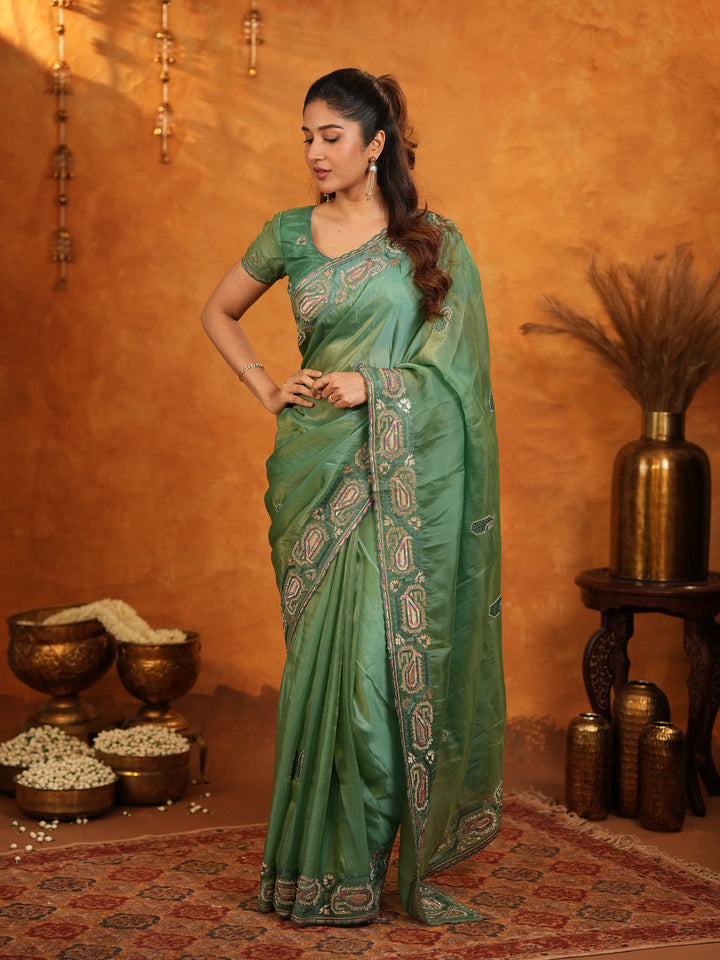 Sage Green Fendy Satin Embroidered Saree with Geometric Border & Designer Pallu | Elegant Festive & Wedding Wear Saree with Blouse