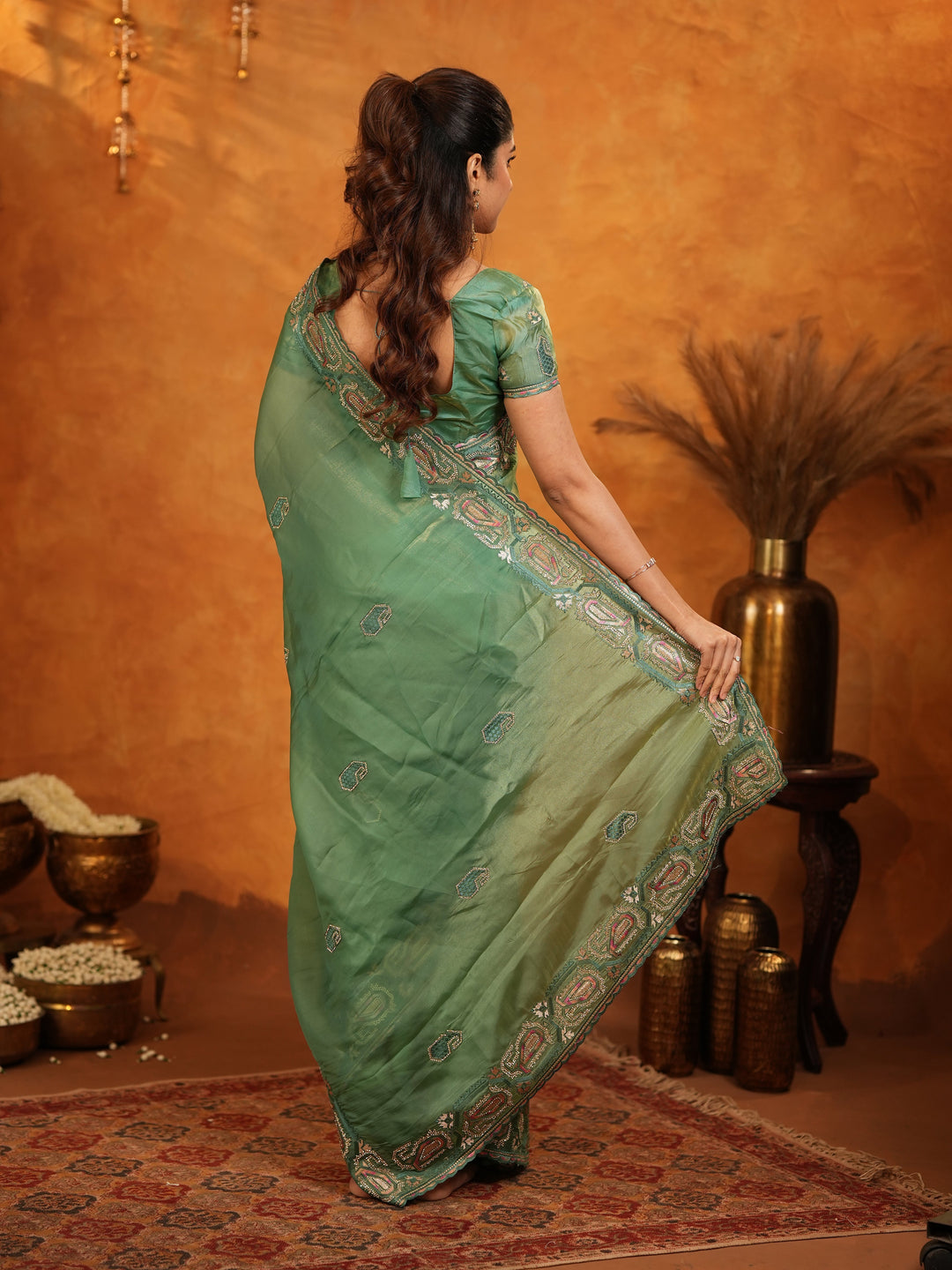 Sage Green Fendy Satin Embroidered Saree with Geometric Border & Designer Pallu | Elegant Festive & Wedding Wear Saree with Blouse