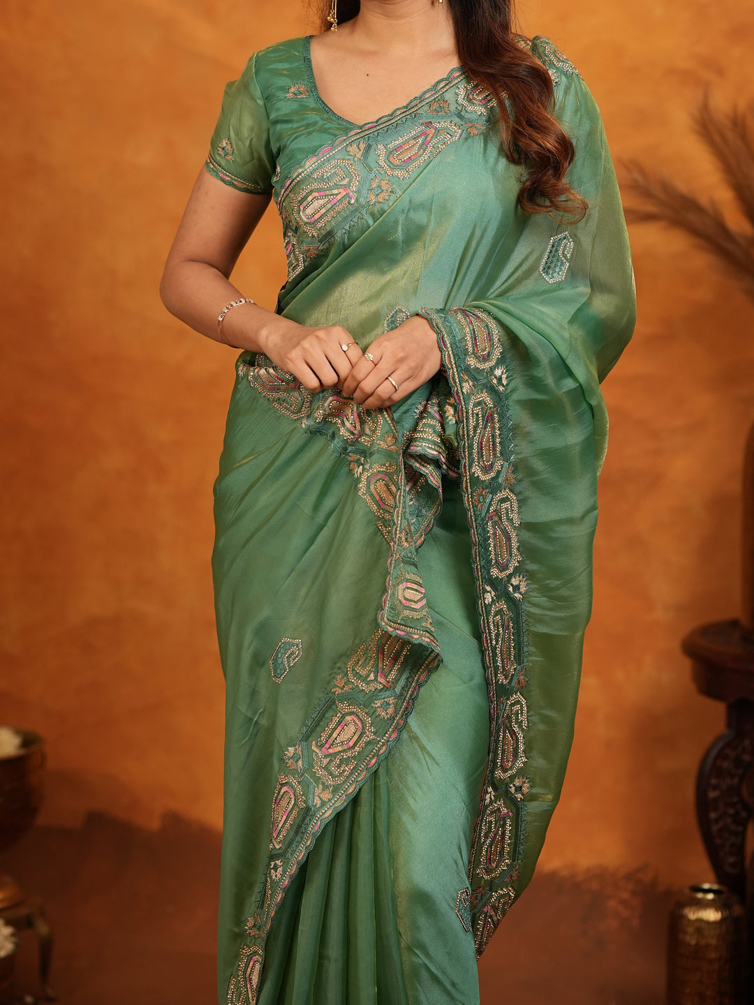Sage Green Fendy Satin Embroidered Saree with Geometric Border & Designer Pallu | Elegant Festive & Wedding Wear Saree with Blouse