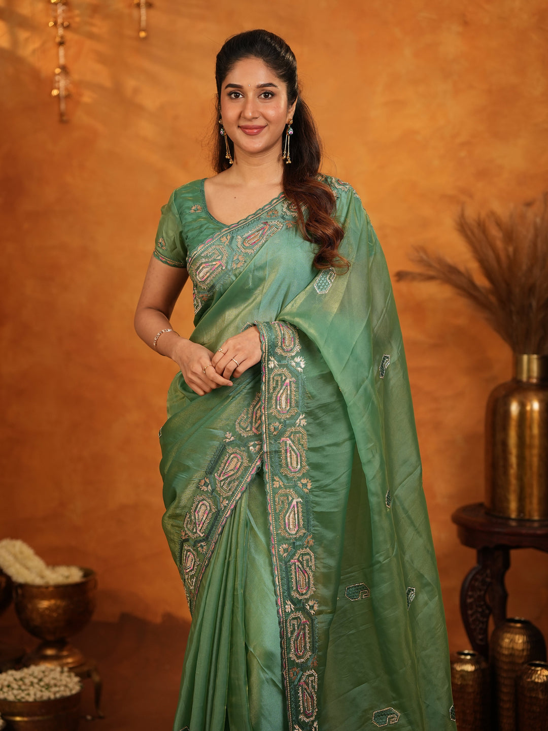 Sage Green Fendy Satin Embroidered Saree with Geometric Border & Designer Pallu | Elegant Festive & Wedding Wear Saree with Blouse