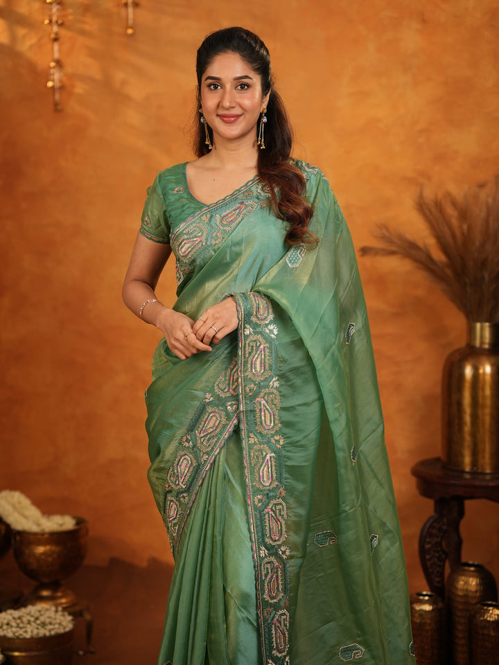 Sage Green Fendy Satin Embroidered Saree with Geometric Border & Designer Pallu | Elegant Festive & Wedding Wear Saree with Blouse