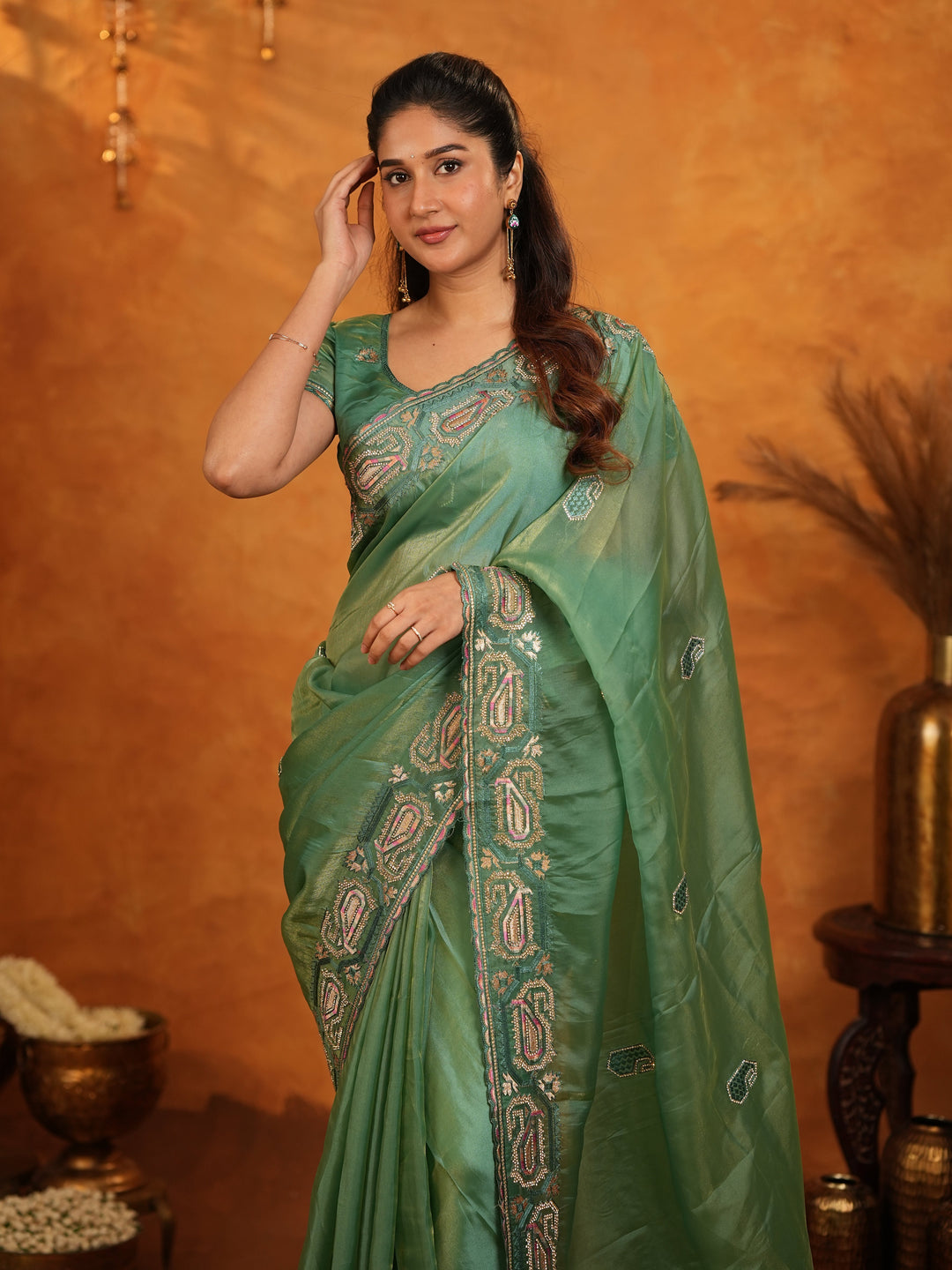 Sage Green Fendy Satin Embroidered Saree with Geometric Border & Designer Pallu | Elegant Festive & Wedding Wear Saree with Blouse