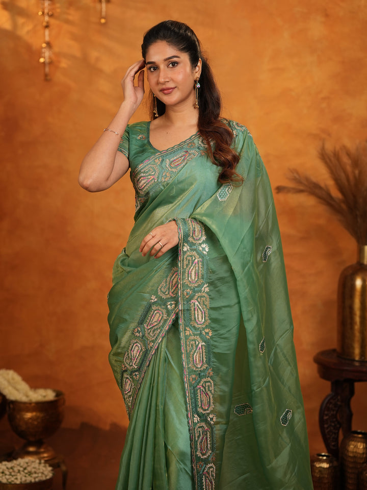 Sage Green Fendy Satin Embroidered Saree with Geometric Border & Designer Pallu | Elegant Festive & Wedding Wear Saree with Blouse