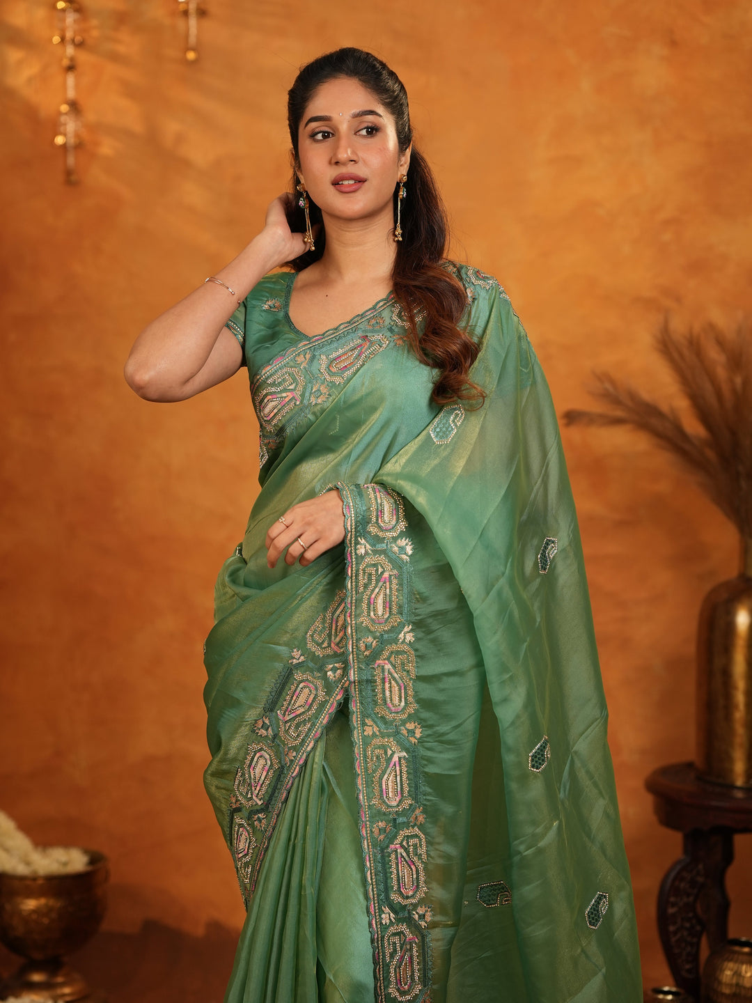 Sage Green Fendy Satin Embroidered Saree with Geometric Border & Designer Pallu | Elegant Festive & Wedding Wear Saree with Blouse