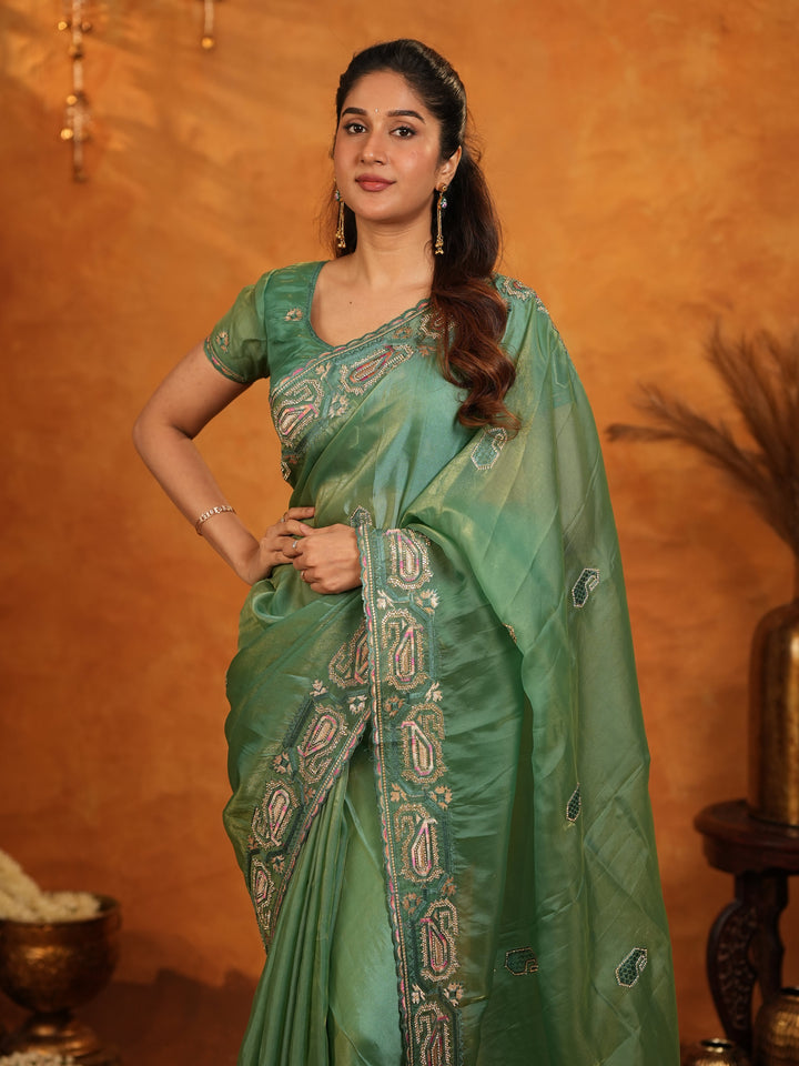 Sage Green Fendy Satin Embroidered Saree with Geometric Border & Designer Pallu | Elegant Festive & Wedding Wear Saree with Blouse