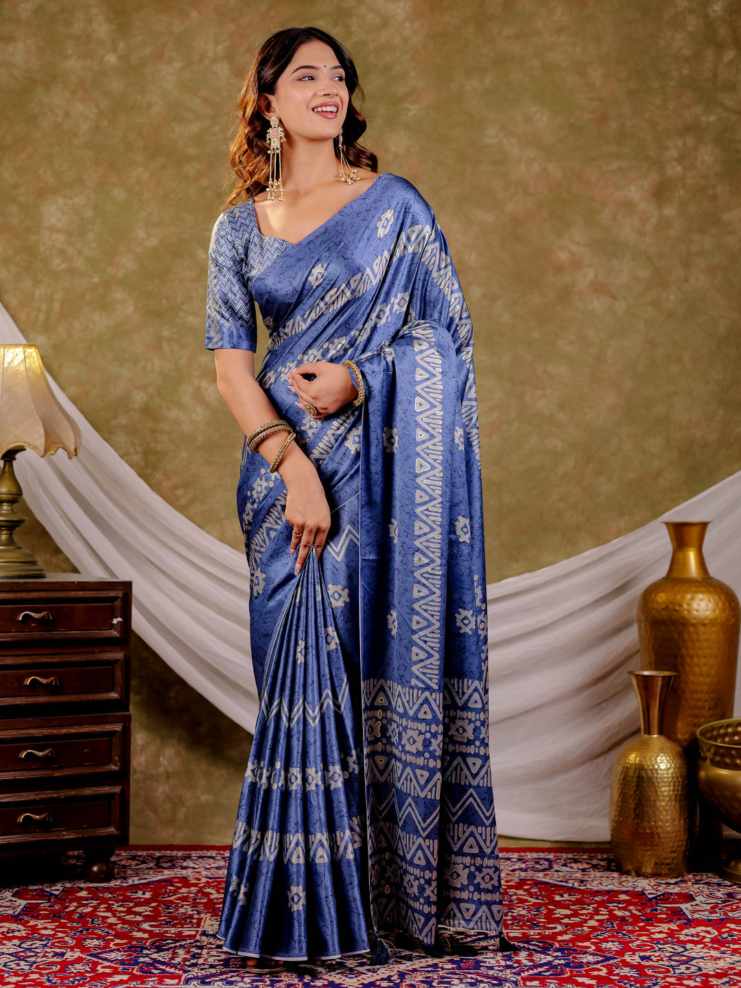 Cornflower Blue Pure Chinnon Ajrakh Printed Saree with Tassel Edges, Traditional Ethnic Print & Matching Blouse Piece