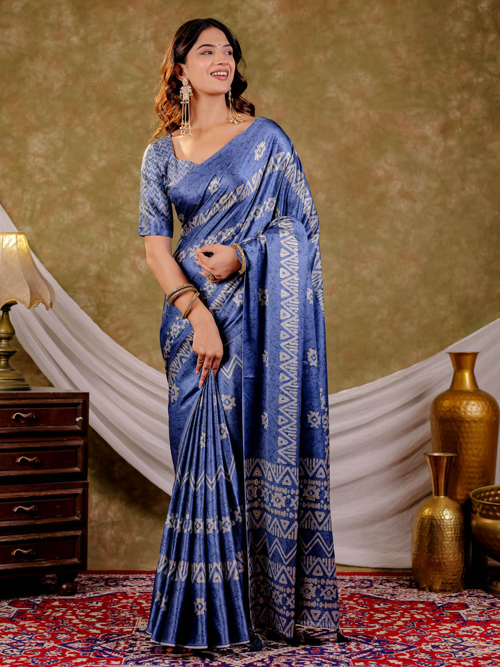 Cornflower Blue Pure Chinnon Ajrakh Printed Saree with Tassel Edges, Traditional Ethnic Print & Matching Blouse Piece