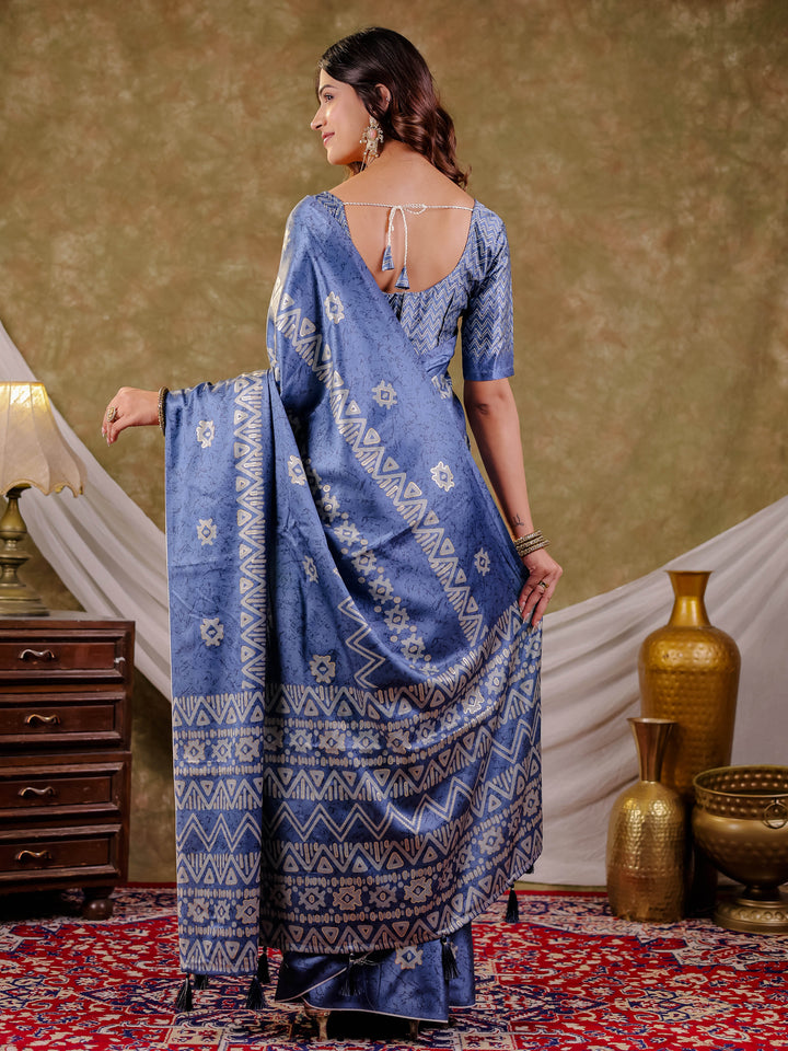 Cornflower Blue Pure Chinnon Ajrakh Printed Saree with Tassel Edges, Traditional Ethnic Print & Matching Blouse Piece