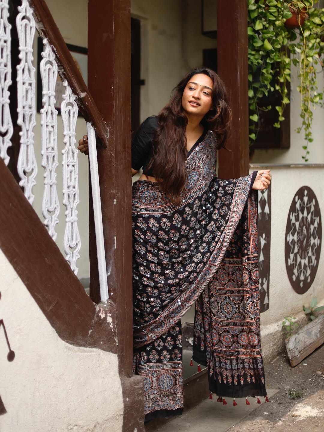Black Ajrakh Printed Modal Silk Saree with Tassels &amp; Attached Blouse | Traditional Ethnic &amp; Festive Wear Saree