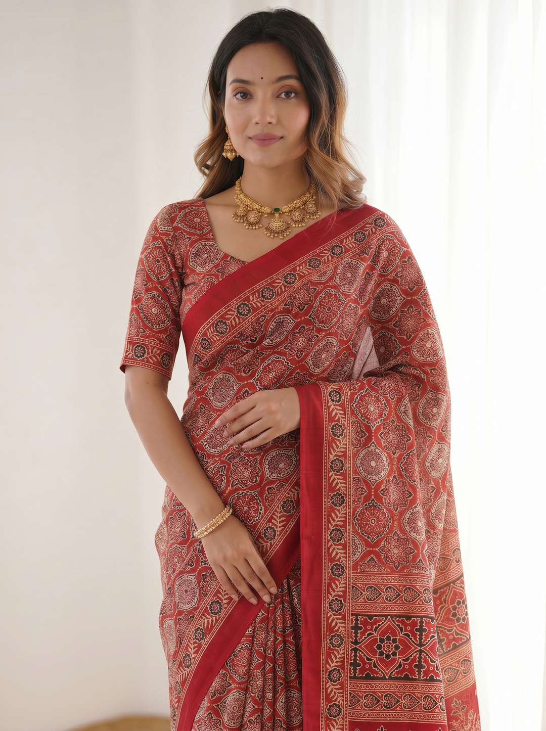 Ruby Red Pure Modal Silk Saree with Heritage Ajrakh Inspired Print &amp; Traditional Designer Pallu