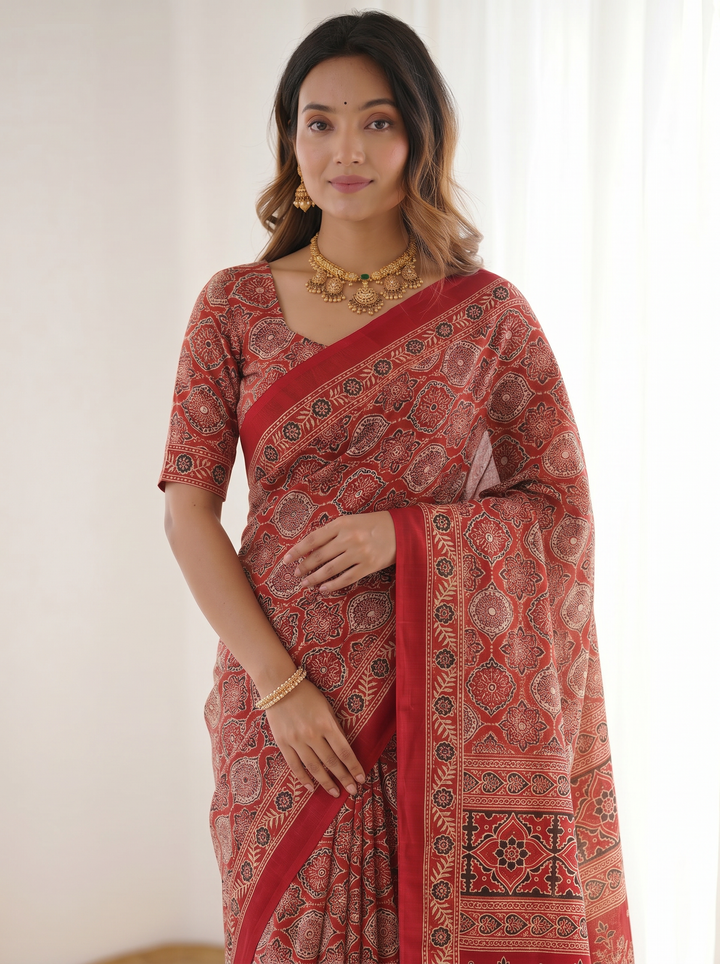 Ruby Red Pure Modal Silk Saree with Heritage Ajrakh Inspired Print &amp; Traditional Designer Pallu
