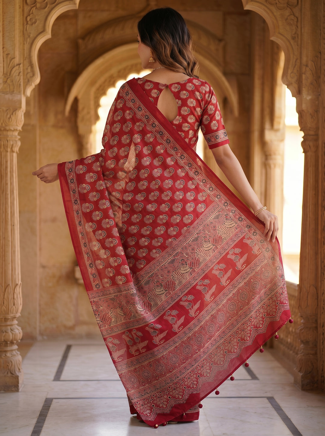 Royal Crimson Red Pure Modal Silk Saree with Heritage Floral Buti Print &amp; Traditional Designer Pallu