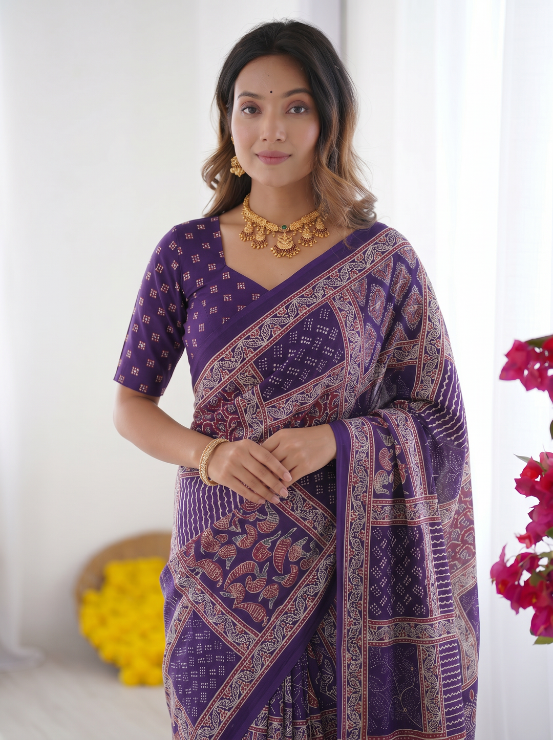 Royal Purple Modal Silk Saree with Tribal &amp; Geometric Print | Designer Ethnic Pallu Saree for Festive Wear
