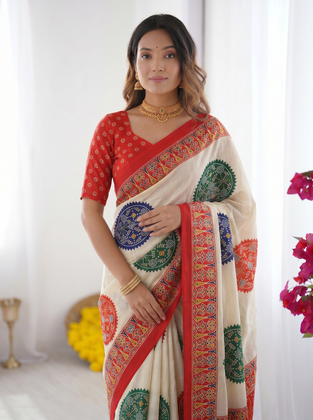 Ivory White &amp; Vermilion Red Pure Modal Silk Saree with Multicolor Mandala Print &amp; Traditional Designer Pallu