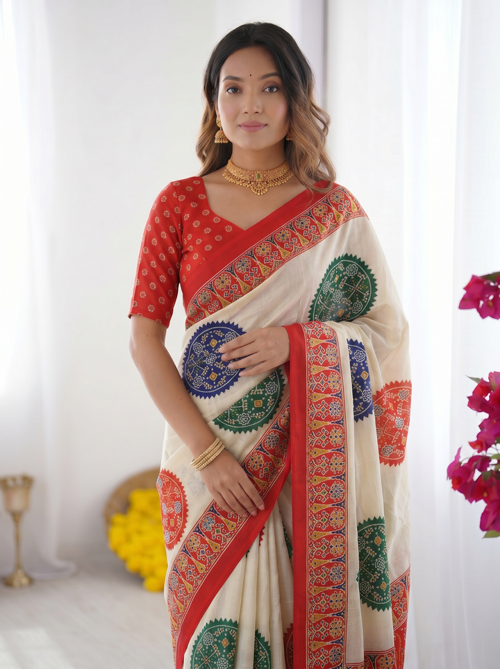 Ivory White &amp; Vermilion Red Pure Modal Silk Saree with Multicolor Mandala Print &amp; Traditional Designer Pallu