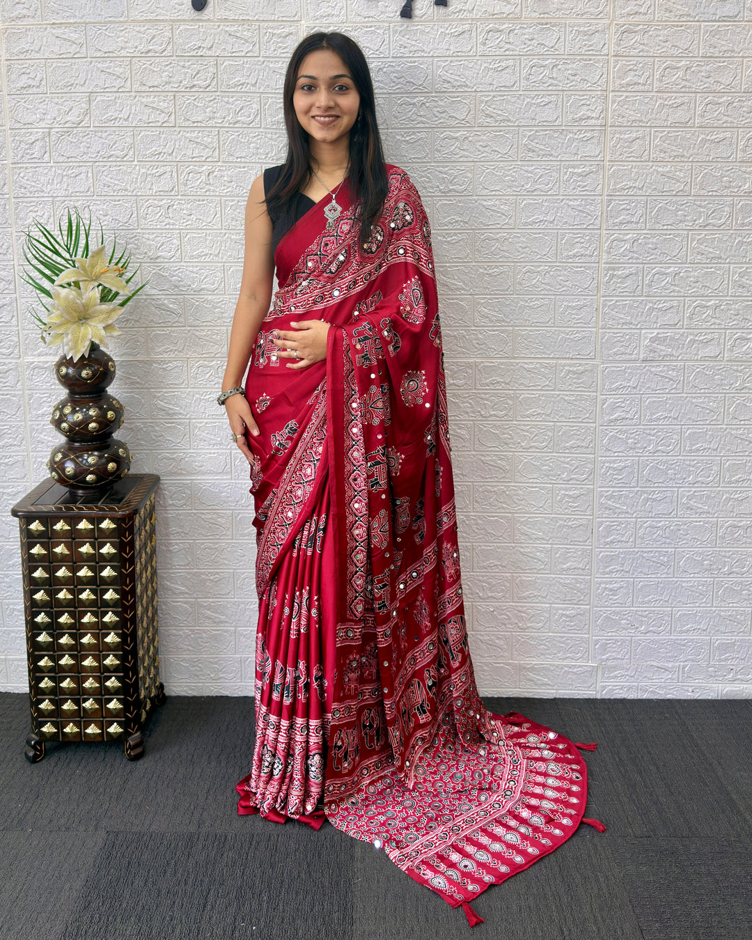 Maroon Modal Silk Ajrakh Print Saree with Traditional Elephant Motifs, Designer Pallu &amp; Tassels | Festive &amp; Ethnic Wear Saree