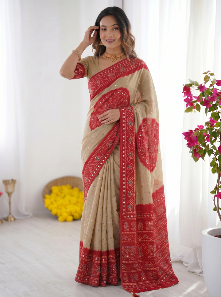 Beige &amp; Crimson Red Bandhani Inspired Modal Silk Saree with Traditional Folk Print Pallu &amp; Stone Embellishments