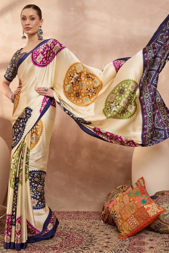 Cream Modal Silk Saree with Multicolor Patola-Inspired Print &amp; Royal Purple Border | Designer Festive Wear Saree
