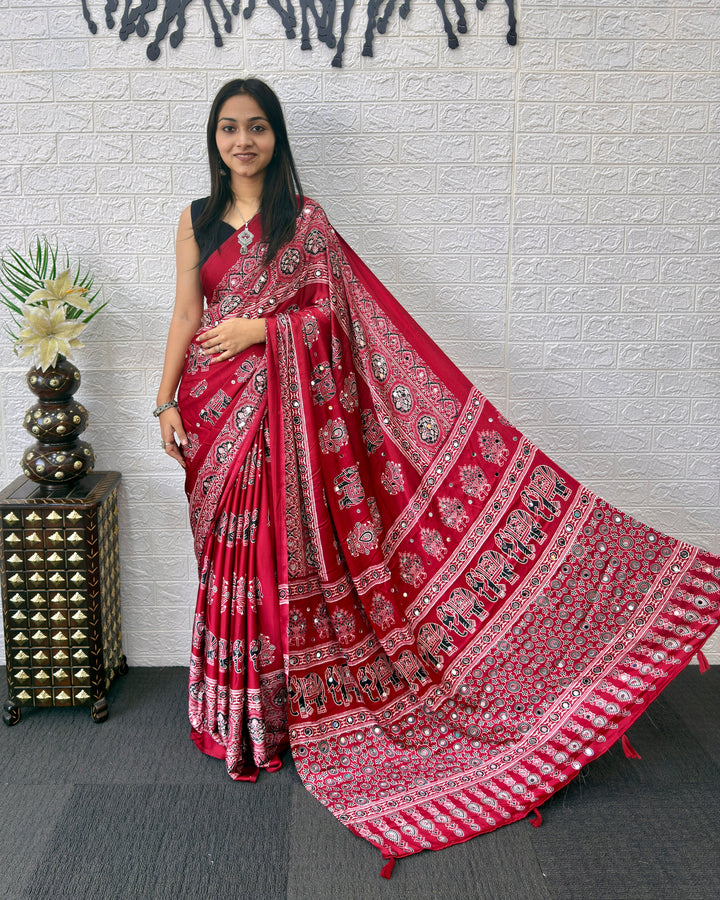 Maroon Modal Silk Ajrakh Print Saree with Traditional Elephant Motifs, Designer Pallu &amp; Tassels | Festive &amp; Ethnic Wear Saree