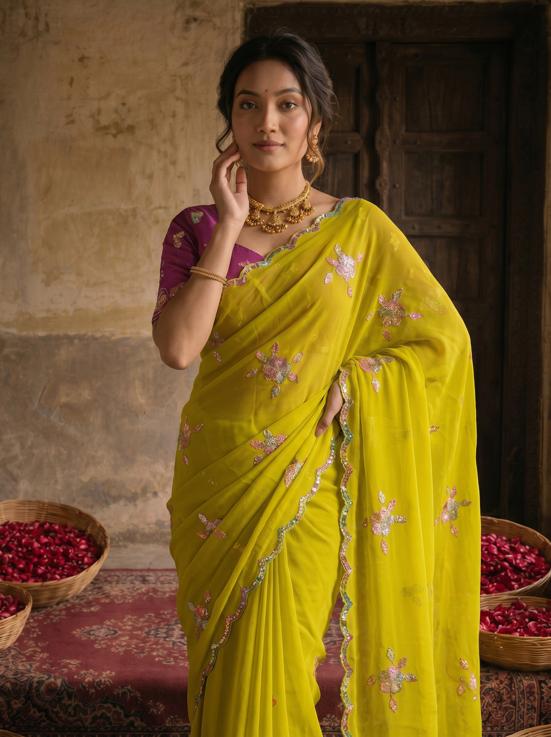 Lime Yellow Georgette Embroidered Saree with Floral Sequin Work &amp; Contrast Magenta Blouse
