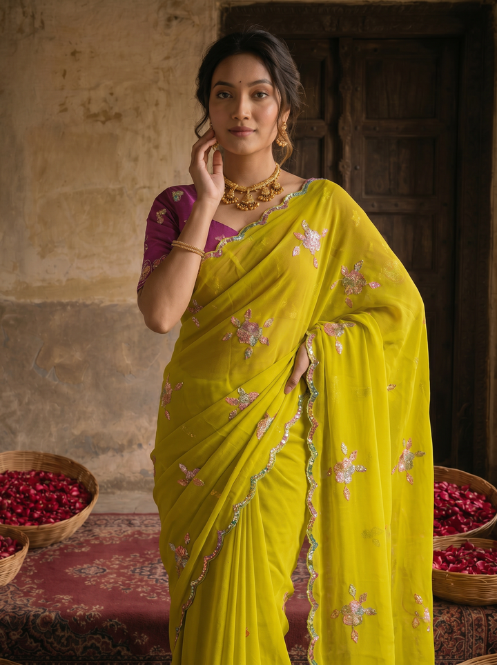 Lime Yellow Georgette Embroidered Saree with Floral Sequin Work &amp; Contrast Magenta Blouse