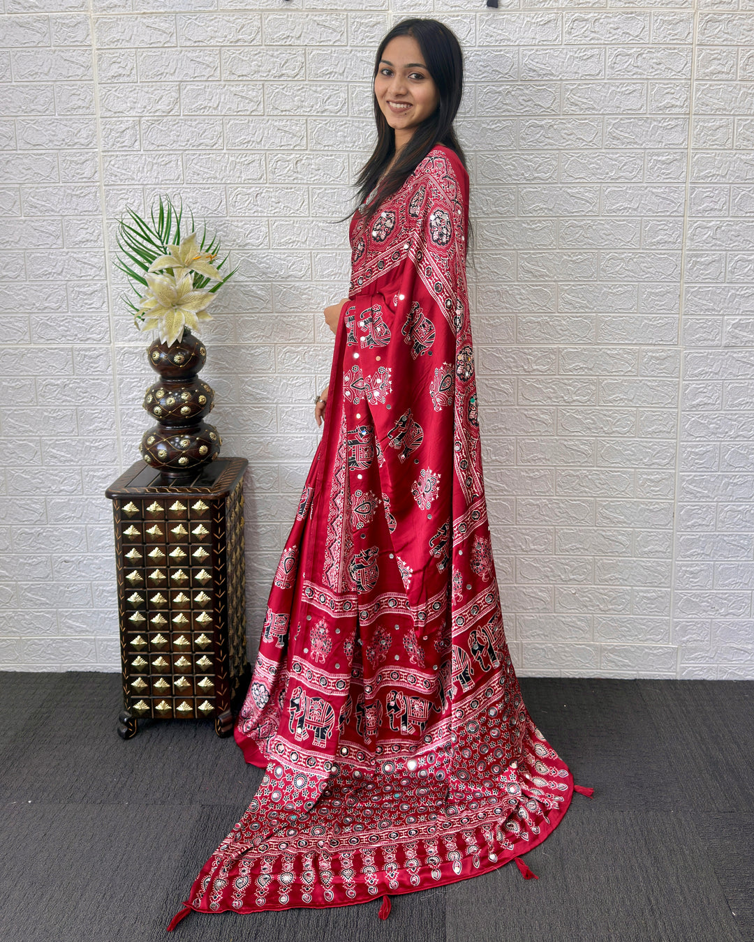Maroon Modal Silk Ajrakh Print Saree with Traditional Elephant Motifs, Designer Pallu &amp; Tassels | Festive &amp; Ethnic Wear Saree