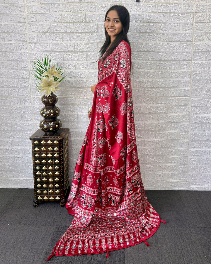 Maroon Modal Silk Ajrakh Print Saree with Traditional Elephant Motifs, Designer Pallu &amp; Tassels | Festive &amp; Ethnic Wear Saree