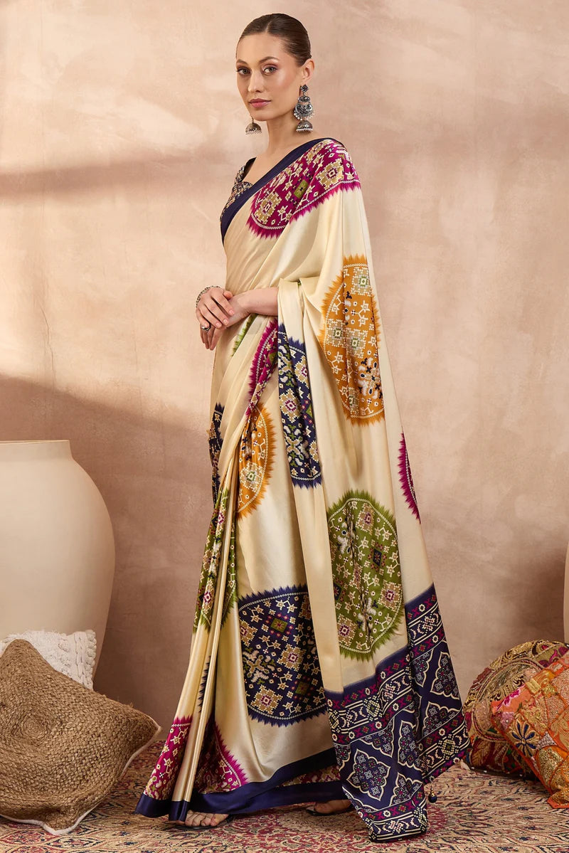 Cream Modal Silk Saree with Multicolor Patola-Inspired Print &amp; Royal Purple Border | Designer Festive Wear Saree