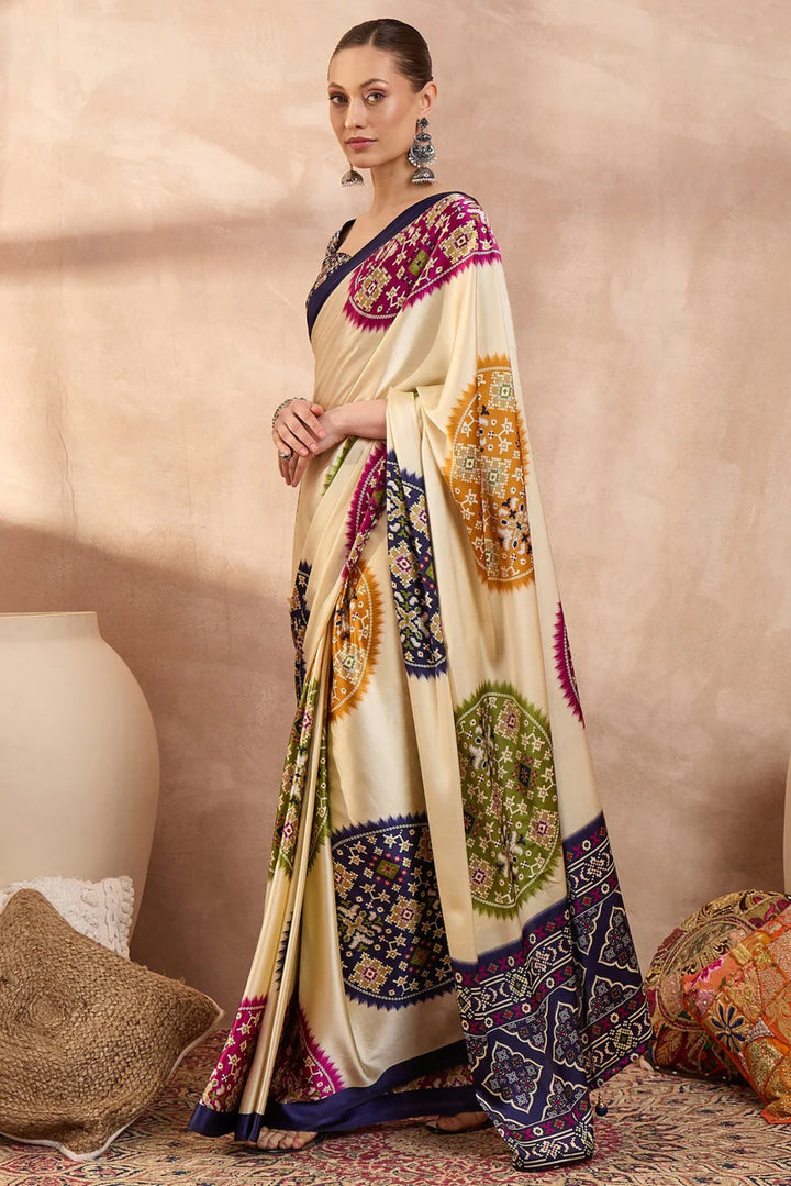 Cream Modal Silk Saree with Multicolor Patola-Inspired Print &amp; Royal Purple Border | Designer Festive Wear Saree