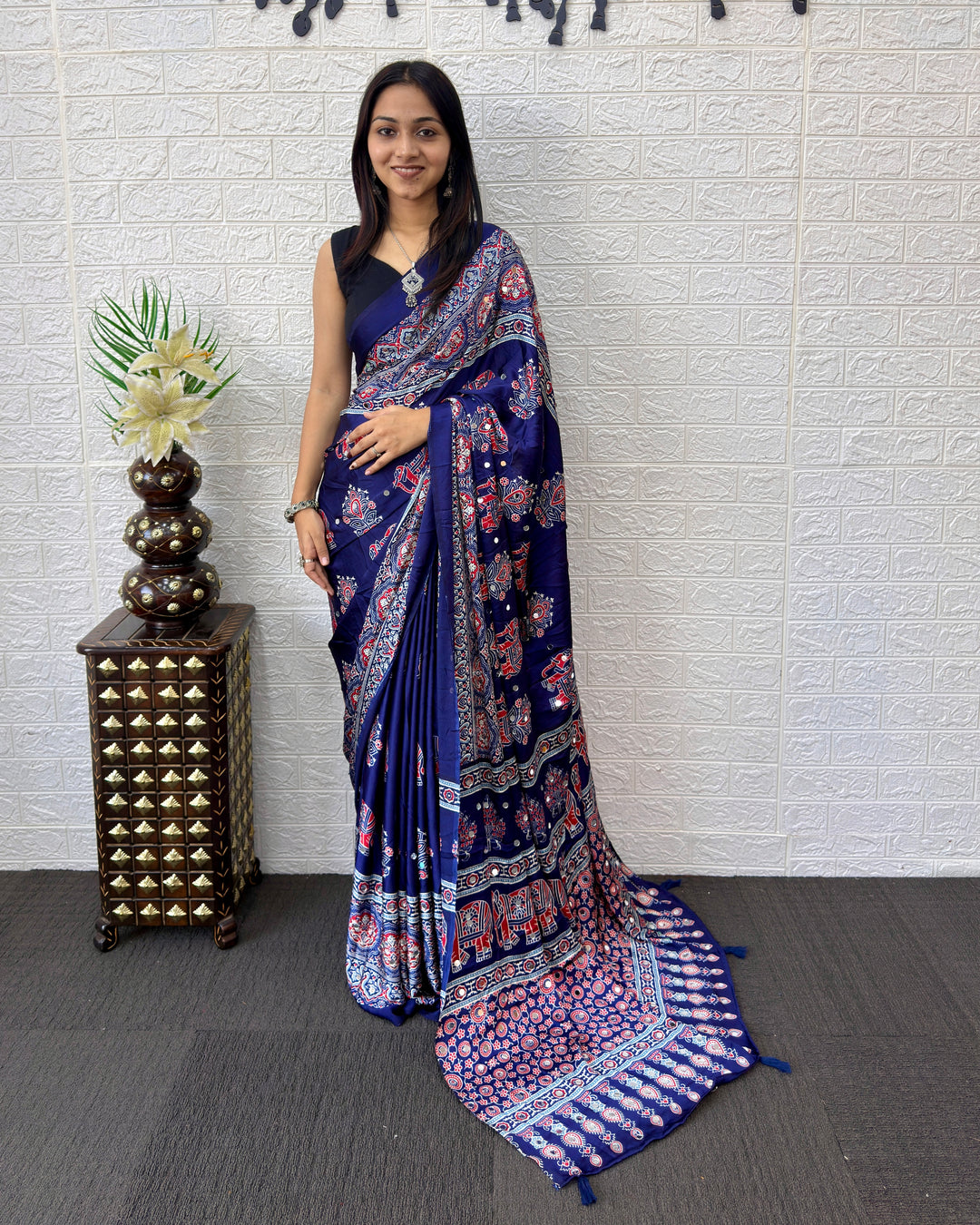 Royal Blue Modal Silk Saree with Elephant Motif Heritage Print &amp; Designer Pallu | Traditional Festive Wear Saree