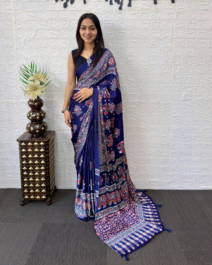 Royal Blue Modal Silk Saree with Elephant Motif Heritage Print &amp; Designer Pallu | Traditional Festive Wear Saree