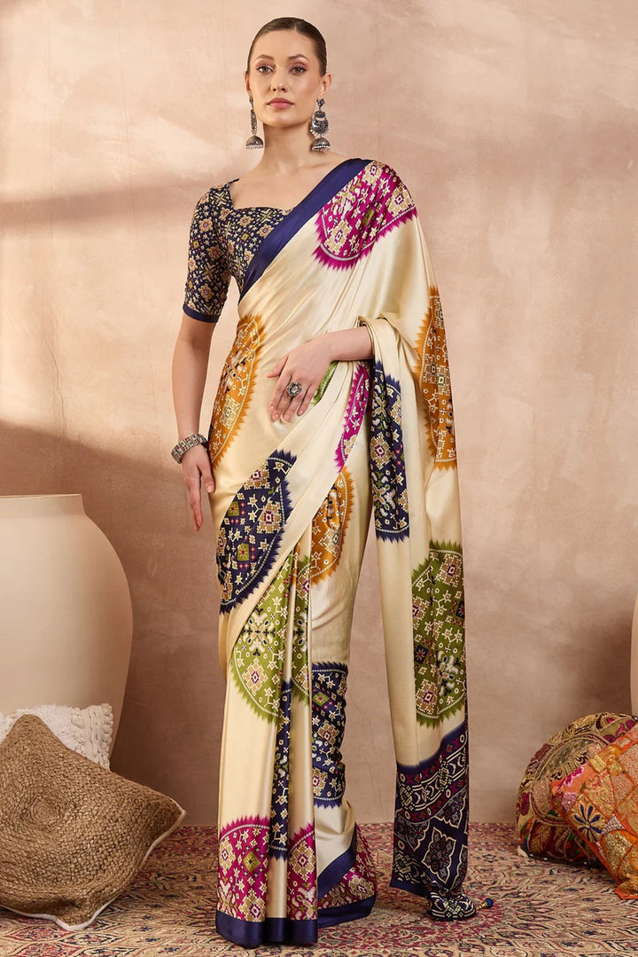 Cream Modal Silk Saree with Multicolor Patola-Inspired Print &amp; Royal Purple Border | Designer Festive Wear Saree