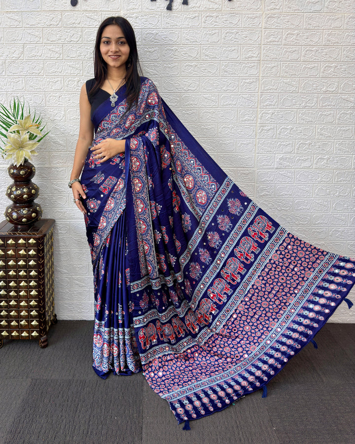 Royal Blue Modal Silk Saree with Elephant Motif Heritage Print &amp; Designer Pallu | Traditional Festive Wear Saree