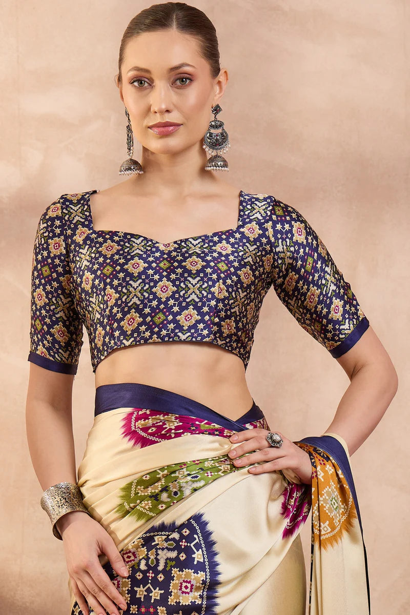 Cream Modal Silk Saree with Multicolor Patola-Inspired Print &amp; Royal Purple Border | Designer Festive Wear Saree